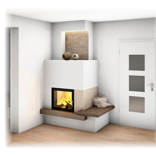 Kachelofen mit großer Heiztür und Bank