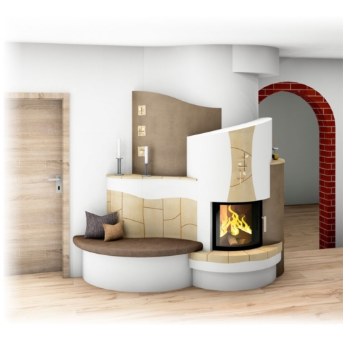 Kachelofen mit runder Scheibe und Handkeramik