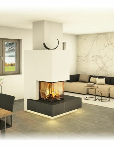 Heizkamin mit Ofenbank, Sichtfenster, Großkeramik - unterschiedliche