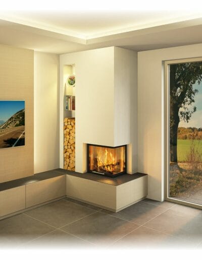 Heizkamin mit Ofenbank, Sichtfenster, Großkeramik - unterschiedliche
