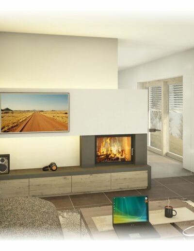 Heizkamin mit Ofenbank, Sichtfenster, Großkeramik - unterschiedliche