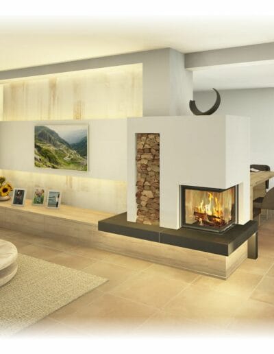 Heizkamin mit Ofenbank, Sichtfenster, Großkeramik - unterschiedliche