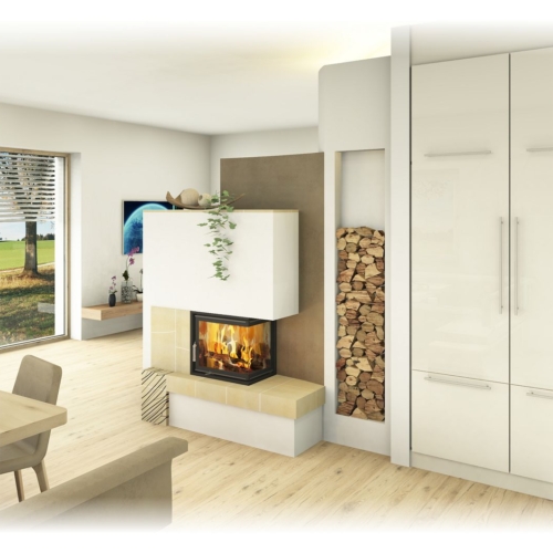 Kachelofen - Modern mit Eckfenster und Handkeramik