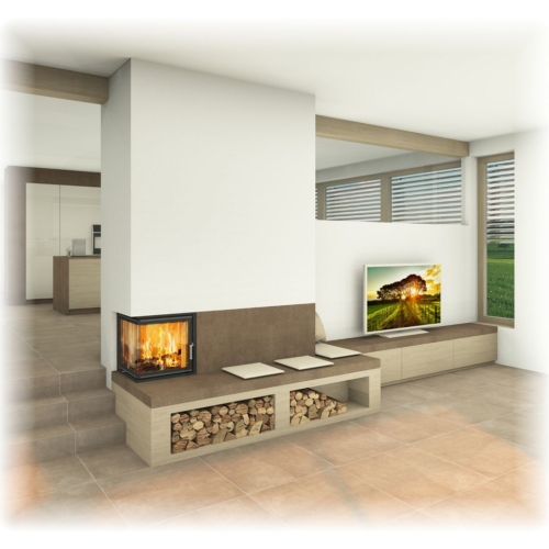 Kachelofen Raumhoch - mit Eckfenster und Bank