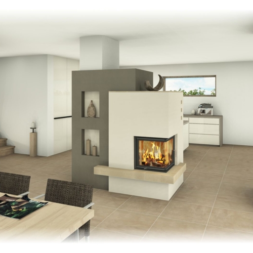 Kachelofen - als Raumteiler mit Eckfenster und Nischen