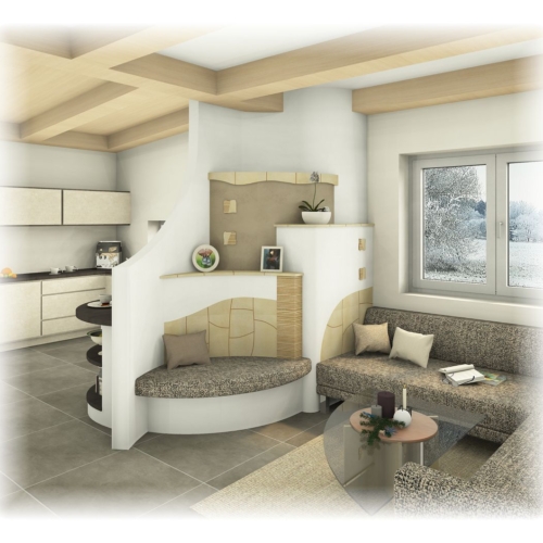 Kachelofen - mit Handkeramik und Bank