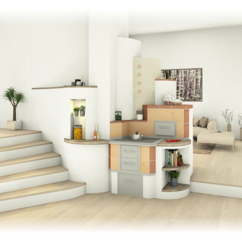 Tischherd mit Holzlade und Stiegenaufgang