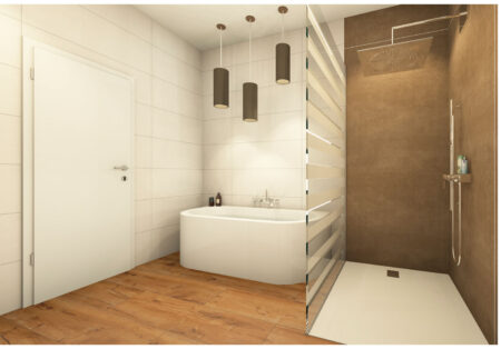 Begehbare Dusche mit Duschtasse und Glaswand_Großformat-Fliese 30x120 Del Conca