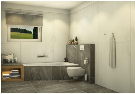 Badezimmer mit Badewanne und 100x100 Fliese Großormatkeramik Tilestone (3)