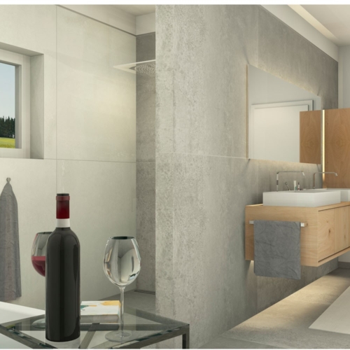 Badezimmer mit Großformat Fliesen Boden und Wand 120x120 Saime Ferrocmento (3) Badezimmer mit Großformat Fliesen Boden und Wand 120x120 Saime Ferrocmento (3)
