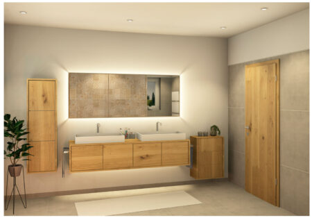 Badezimmer-Einrichtung: Kombination aus grauen Fliesen mit Holz-Möbeln 