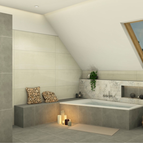 Sitzecke mit Trapez Badewanne gefliest Mirage 60x60 und Terracruda Carpet 40x120 Sitzecke mit Trapez Badewanne gefliest Mirage 60x60 und Terracruda Carpet 40x120