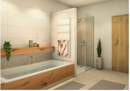 Badezimmer-Fliesen Variante 1: grau und Holzoptik 