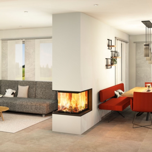 Kachelofen als Raumteiler mit Holzlager 3 Seit Gerät Modern (1)