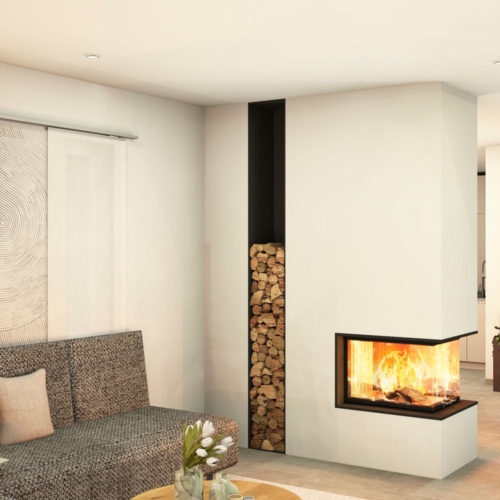 Kachelofen als Raumteiler mit Holzlager 3 Seit Gerät Modern (1)