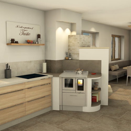 Holzofen in Küche integriert und mit Kachelofen verbunden in Bad Kreuzen