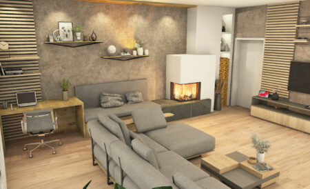 Kamin im Wohnzimmer mit Sitzbank