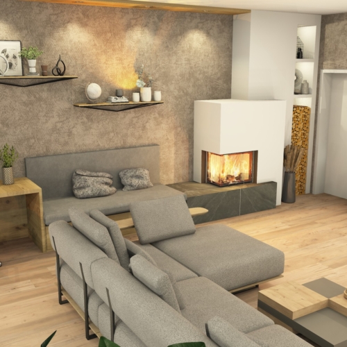 Kamin im Wohnzimmer mit Sitzbank