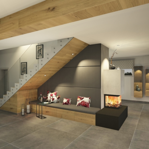 Moderne Kaminlösung, kombiniert mit Stiege, Niederösterreich