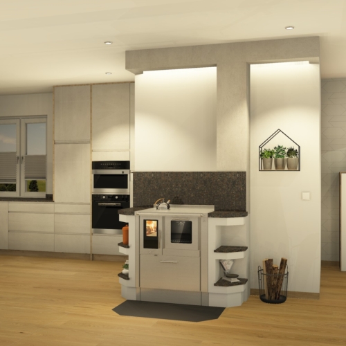 Moderne Küche mit Holzofen in Perg
