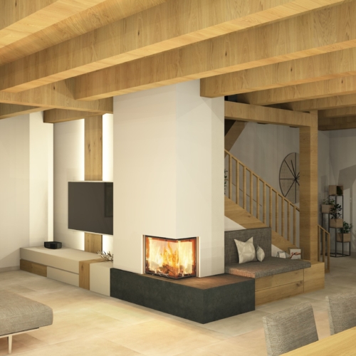 Heizkamin im Wohnzimmer, Tragwein