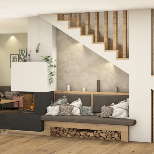 Heizkamin mit Sitzfläche unter Stiege