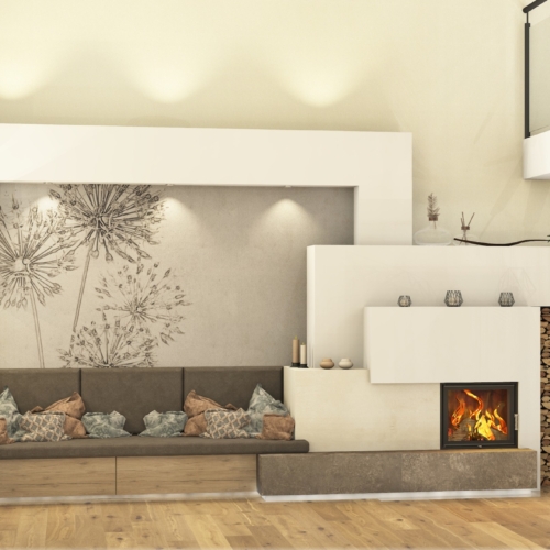 Reduzierter Kachelofen mit Ofenbank