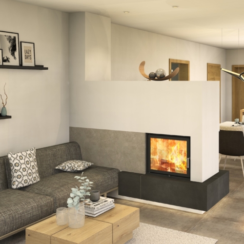 Kamin als Raumteiler zum Essbereich, Tragwein