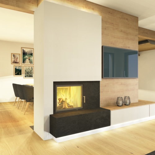 Heizkamin als moderner Raumteiler mit indirekter Beleuchtung