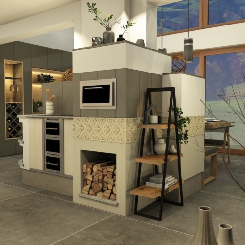 Moderner Kachelofen mit Tischherd in Naarn