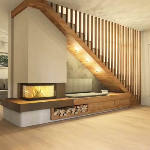 Kreative Raumlösung: Kamin unterhalb von Stiege mit Sitzbank