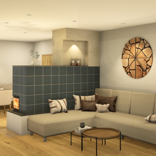 Stylisher, moderner Kachelofen als Raumteiler in Pregarten / Freistadt