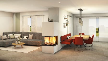Minimalistischer Kamin als Raumteiler in Schwertberg