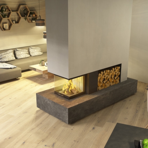 Raumteiler-Kamin in Säulen-Variante als Blickfang im Wohnbereich