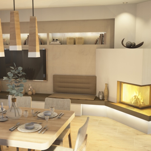 Kachelofen integriert in Wohnwand