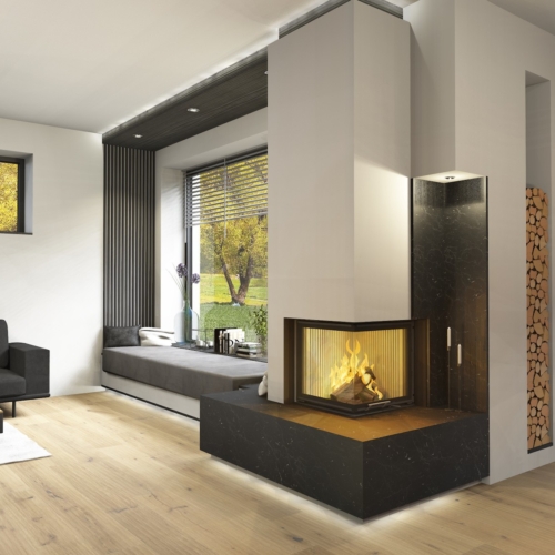 Heizkamin mit schwarzer Keramik und Sitzfenster, Pergkirchen